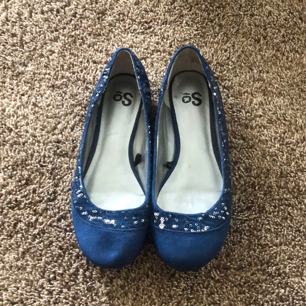 So cobalt blue sequin suede slides